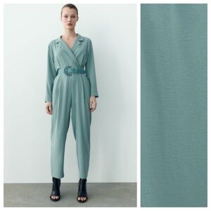 NWT. Zara Blue/Green Long Belted Jumpsuit. Size S.